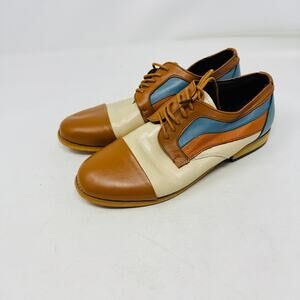 Vintage 1970s Colorblock Leather Oxfords Women’s‎ Size 37 Tan Blue Cream Retro